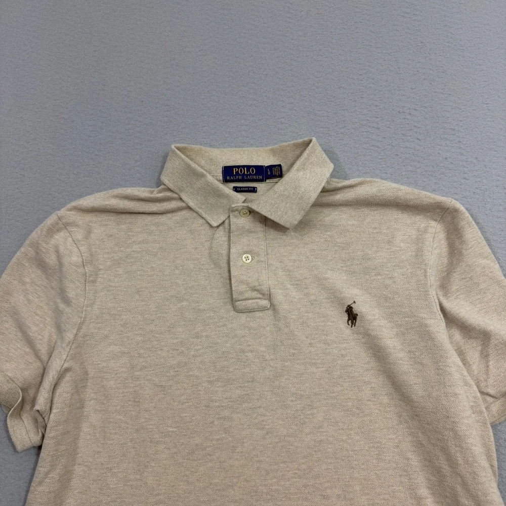 Polo Ralph Lauren Shirt Men's Large Beige Classic Fit Short Sleeve Pique Cotton